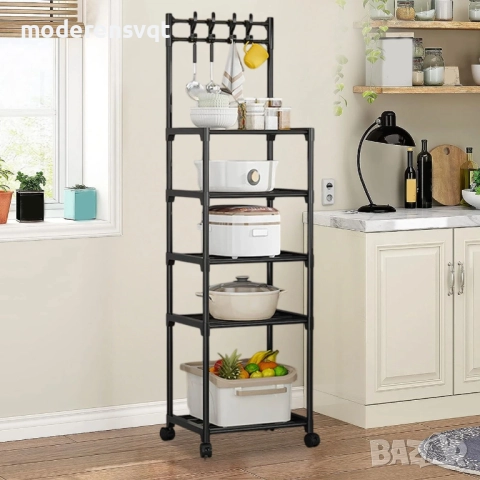 Етажерка с колела и куки на 5 нива за баня и кухня, снимка 4 - Етажерки - 52157796