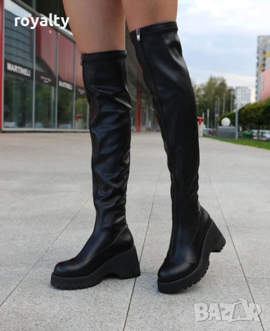 Чизми на платформа - черна кожа