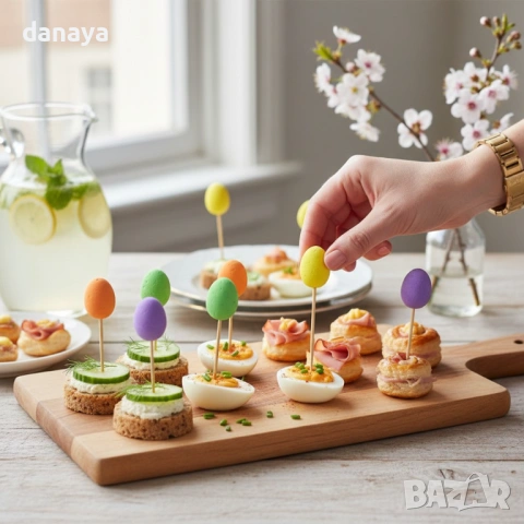 6438 Парти клечки за хапки с цветни великденски яйца – 36 броя, 6.5 см, снимка 5 - Аксесоари за кухня - 53666582
