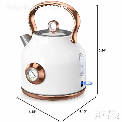 Електрически чайник NESSGRAIM от неръждаема стомана с ретро термометър – 1.7 L, 2200W, снимка 6 - Кани - 53209008
