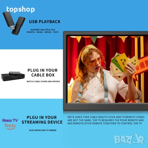 НОВ 15,6-инчов преносим малък телевизор с ATSC тунер / HDMI / USB / AV с акумулаторна батерия ..., снимка 6 - Телевизори - 50580362