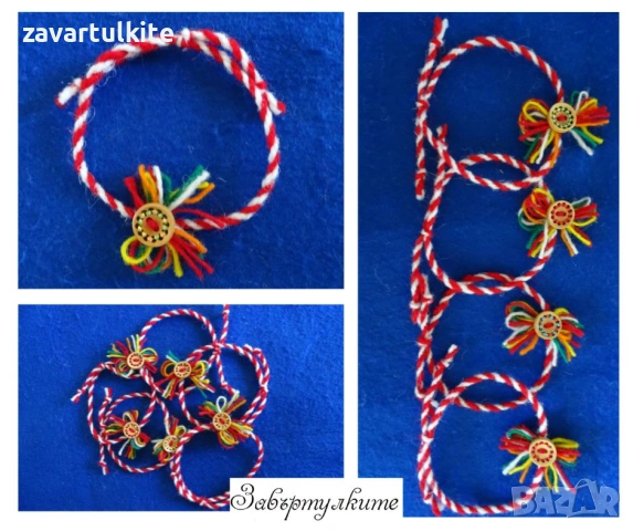 Вълнена мартеница дървено копче с цветни конци