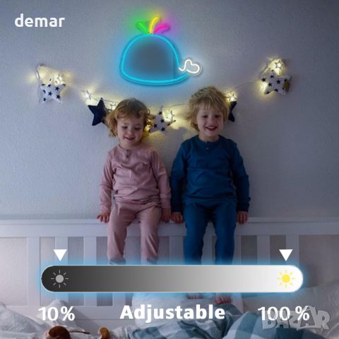 LED неонова табела Blue Whale за стенен декор, захранване от USB с димер, снимка 4 - Лед осветление - 45964583