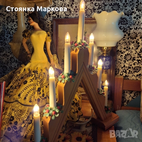 Дървен Коледен свещник с лампички, снимка 3 - Коледни подаръци - 52654528