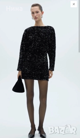 Черна рокля с пайети Манго, снимка 2 - Рокли - 52578133