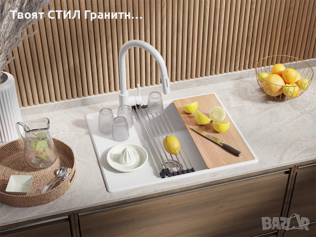 Бяла кухненска гранитна мивка Копенхаген 50 Top 620х500, снимка 3 - Мивки - 51299468