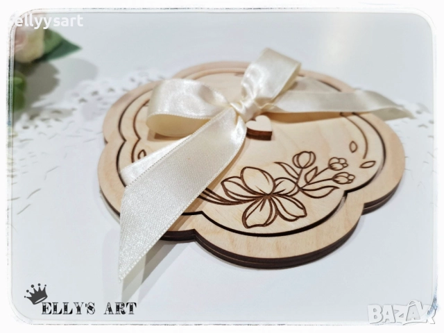 Дървена гравирана покана за кръщене, декорирана с панделка, снимка 5 - Подаръци за кръщене - 52517919
