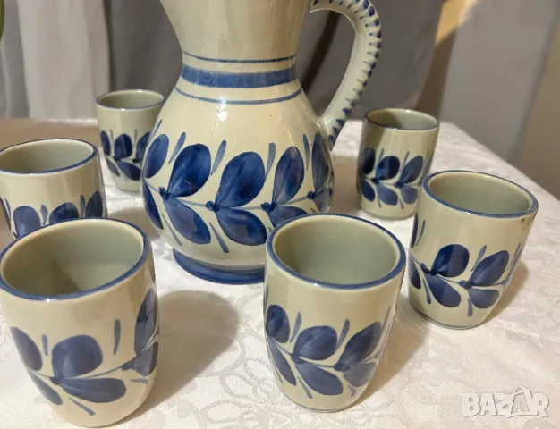 Art Pottery Blue Pitcher Set, Osterr Edel Keramic,  Арт керамика к-т Gollhammer ceramics GK Austria, снимка 4 - Антикварни и старинни предмети - 47221999