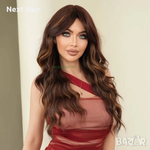 Кестенява перуса с руси кичури и дълъг бретон, снимка 7 - Аксесоари за коса - 52897445