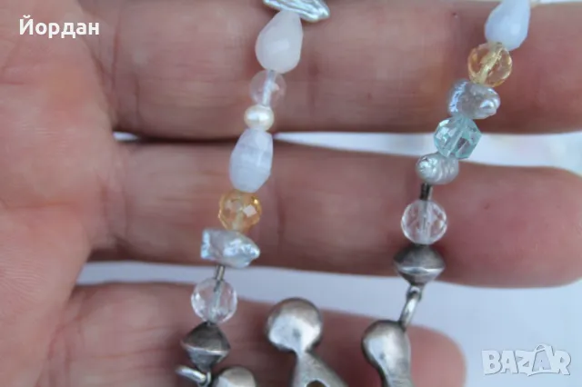 Дамско сребърно колие с естествени перли , планински кристал централен камък топаз, снимка 12 - Колиета, медальони, синджири - 50380165