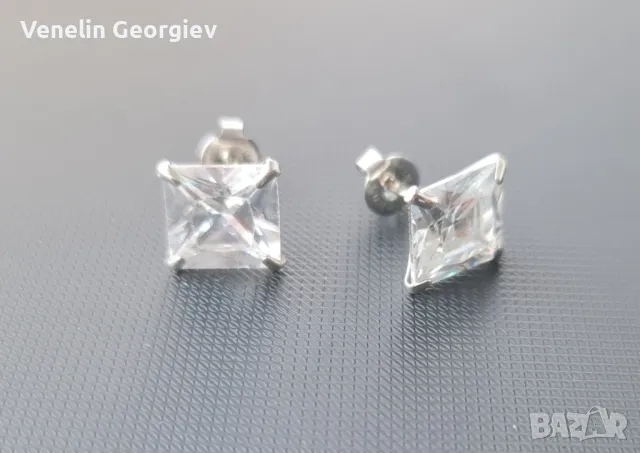 Сребърни обици с квадратни циркони, 10мм/10мм. Проба 925, снимка 4 - Обеци - 49832218