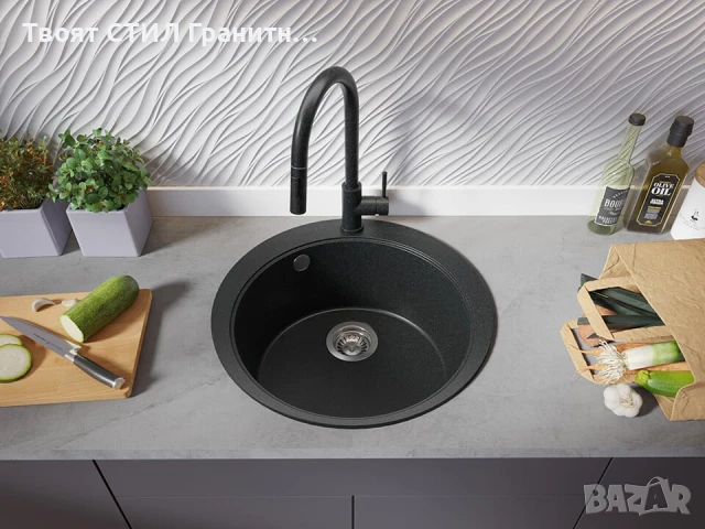 Графит кръгла кухненска гранитна мивка Пиза 50 Top 530 x 530 мм, снимка 6 - Мивки - 51286304