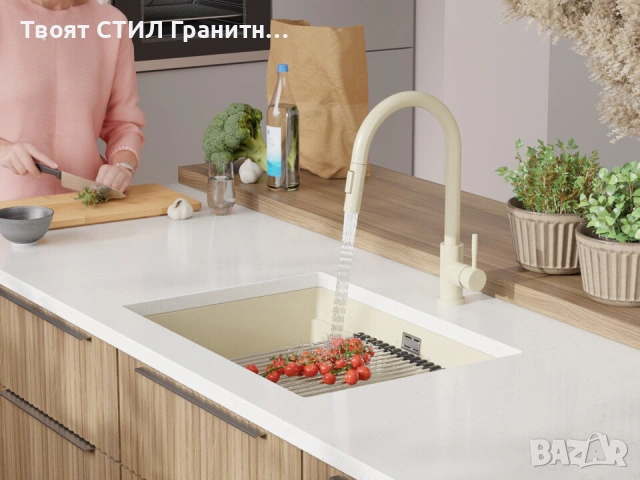 Бежова кухненска мивка за вграждане под плот Прага 70 Level 660 x 470 мм, снимка 4 - Мивки - 53985816