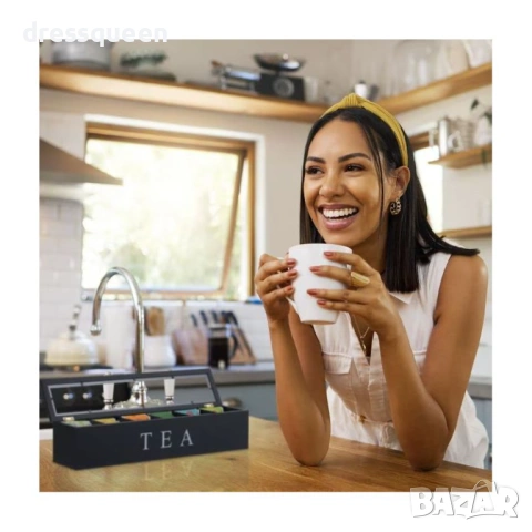 4662 Луксозна дървена кутия за чай с 6 отделения и прозрачен капак – Черен мат, снимка 3 - Други стоки за дома - 53902923