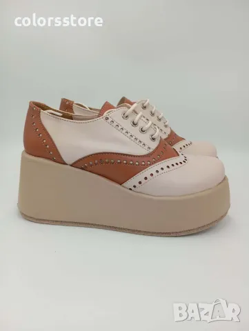 Обувки на платформа - бежово и кафяво кожа - 450-L