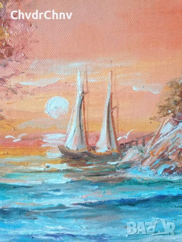 Димитър Генев 33x27см/малка българска картина масло върху платно/морски пейзаж/рибарски лодки-колиба, снимка 3 - Картини - 51153042