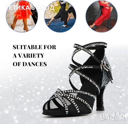 Дамски обувки за латино танци с кристали – салса, танго, валс, бачата, снимка 4 - Дамски обувки на ток - 54136902