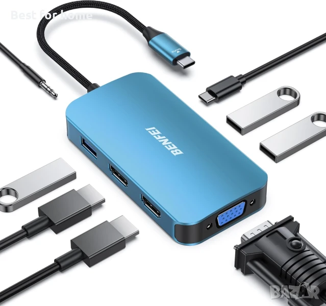  8-в-1 Докинг станция BENFEI USB C MST Hub, USB-C HUB с 2 x HDMI/1 x VGA/3 x USB 3.0/100W , снимка 1