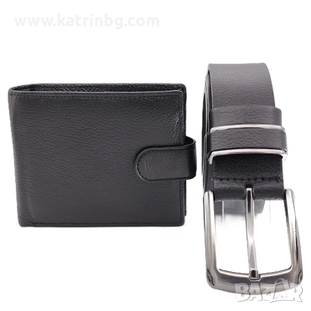 Подаръчен комплект за мъж портфейл със закопчаване и колан в черно от естествена кожа, снимка 1