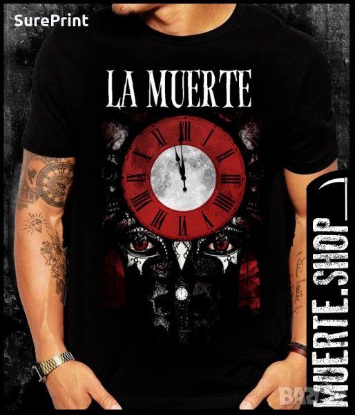 Черна тениска с щампа LA MUERTE RED CLOCK, снимка 1