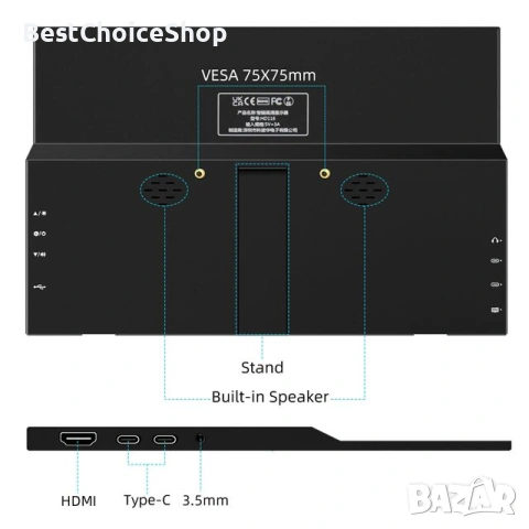 Thinlerain 11.6 инчов преносим портативен HDMI монитор 1366 x 768 LED, снимка 13 - Монитори - 54214506