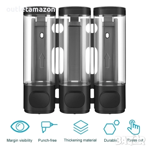 Дозатор за сапун, 3 в 1, капацитет 300 мл, стенен монтаж, ABS, модерен, комплект