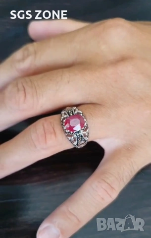 Мъжки сребърен пръстен с рубин и марказит, снимка 5 - Пръстени - 53367667