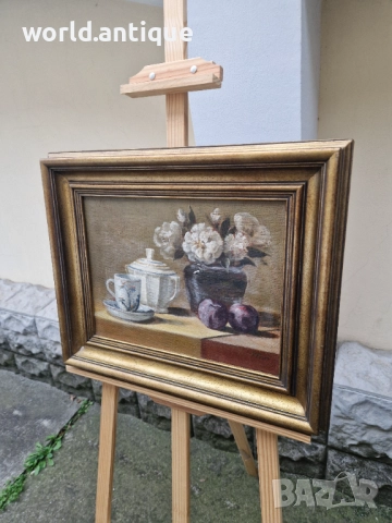 Прекрасен антикварен майсторски авторски натюрморт масло върху платно , снимка 6 - Антикварни и старинни предмети - 52990957