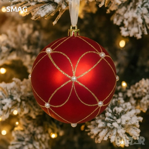 Коледна топка червена матова със златист брокат и перли Ø12 см_1254114, снимка 2 - Други - 52354329