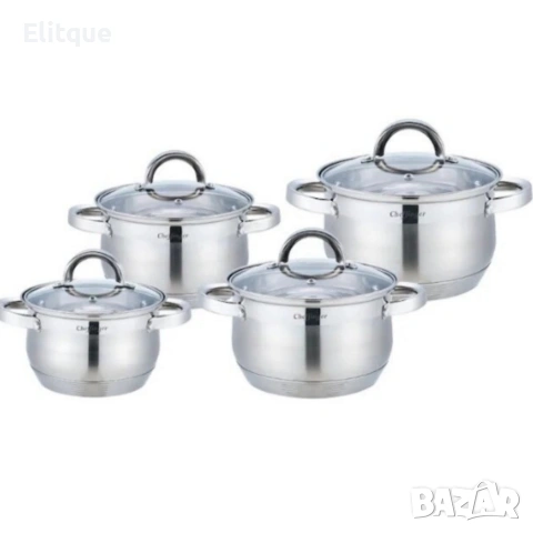 Комплект тенджери Cheffinger – 8 части инокс с капаци, за всички видове котлони, снимка 3 - Други стоки за дома - 53120348