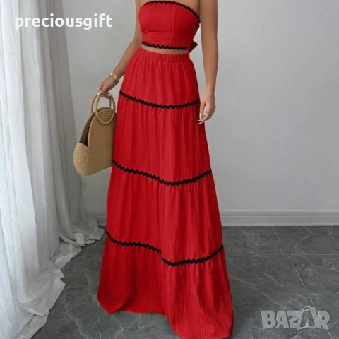 Дамски комплект - дълга пола и топ без презрамки, наличен в бежово, черено, червено, синьо, жълто, снимка 5 - Комплекти - 51367930