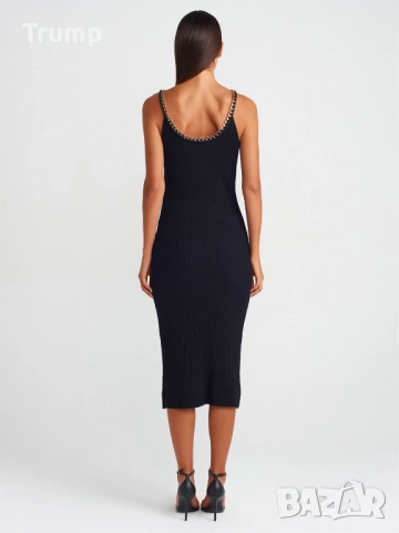 Секси и елегантна  рокля с презрамки и верижка, машино плетиво - Черна, снимка 4 - Рокли - 51783108