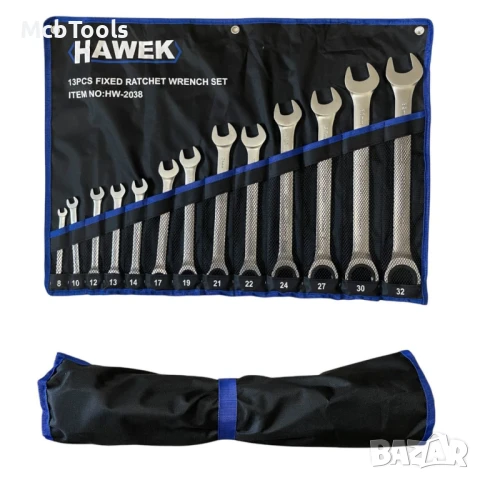 Комплект звездогаечни тресчотни ключове 8 – 32 мм 13 части Hawek, снимка 2 - Други инструменти - 50811399