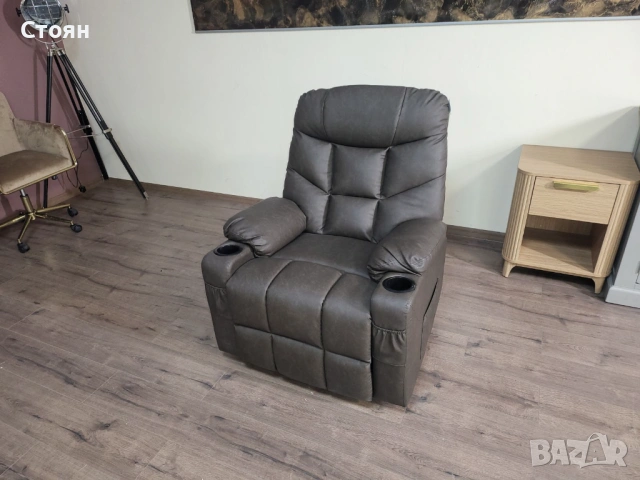 Кафяв кожен фотьойл с ръчен релакс механизъм - изкуствена кожа, снимка 7 - Дивани и мека мебел - 53712297