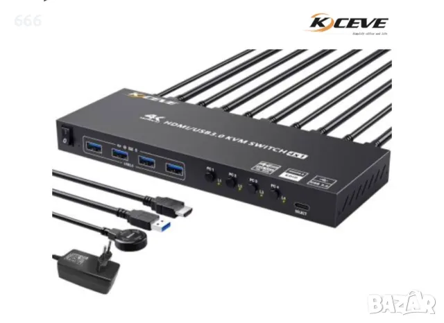 4-портов 4K60Hz HDMI USB3.0 KVM-превключвател с кабелно дистанционно управление, KCEVE KC-KVM401A, снимка 1 - Друга електроника - 47210043