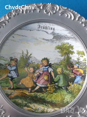 4бр Seltmann немска колекционерска декоративна порцеланова чиния-картина/сезони/калаена рамка/калай, снимка 2 - Картини - 48041363