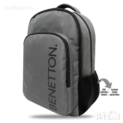 Ученическа раница Benetton, Черен - Сив, 30x16x44см., снимка 2 - Ученически пособия, канцеларски материали - 51491228