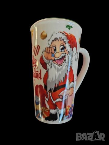 Коледна порцеланова чаша с гумен капак 15см височина. 🍵ВАРИАНТИ: картинка С еленче или с Дядо Коледа, снимка 2 - Чаши - 46434700