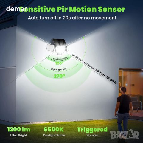MEDE Соларен охранителен прожектор, сензор за движение, 1200 LM, IP65 Водоустойчив, снимка 3 - Соларни лампи - 46171371
