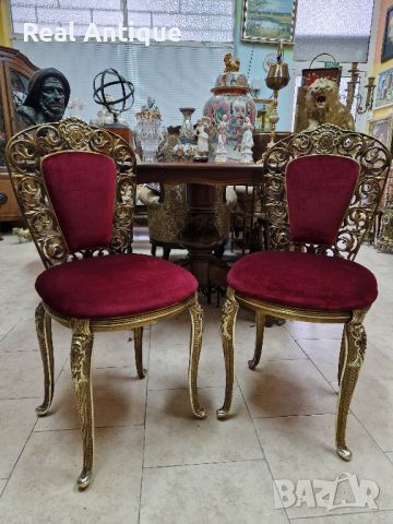 Страхотни много красиви антикварни испански столове месинг и плюш , снимка 1 - Антикварни и старинни предмети - 45540049