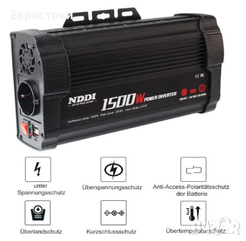 Инвертор NDDI POWER 1500 W преобразувател на напрежение 12 V към 230 V, 3.1 A двоен USB порт, снимка 2 - Аксесоари и консумативи - 50586791