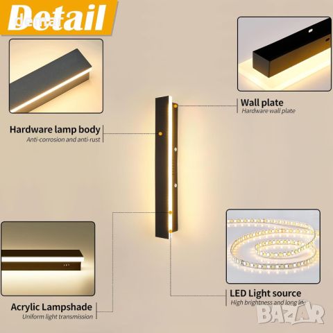 Mikeru 2 броя х 40 см дълга модерна стенна лампа, черна, IP65, снимка 5 - Лед осветление - 46797109