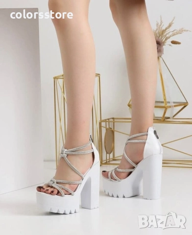 Сандали на ток - бяла кожа - S633

