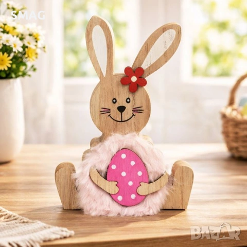 Великденска дървена декорация – зайче с розова козина и яйце с пеперуди, 10x1.5x15 см._1219450