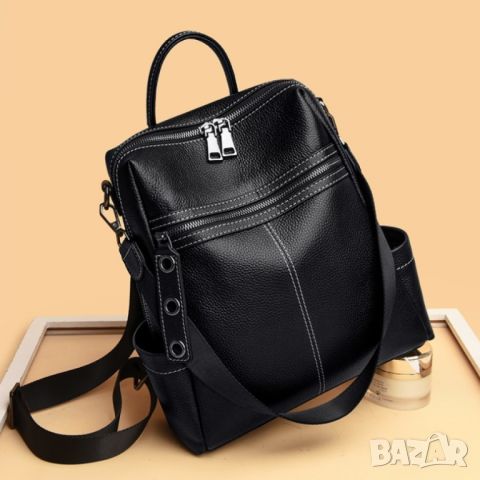 Дамска чанта-раница от естествена кожа Black 1229, снимка 4 - Раници - 45353372