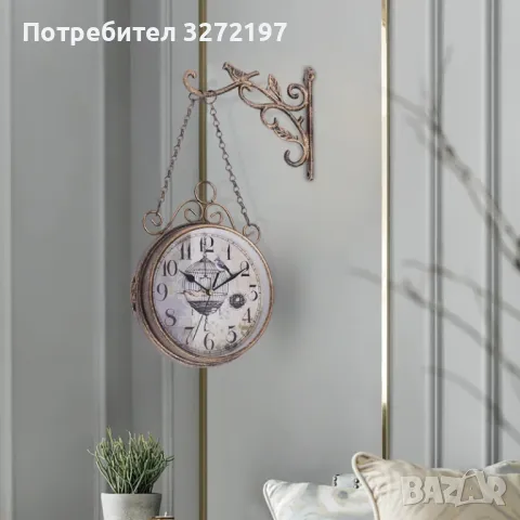 Винтидж двустранен безшумен стенен часовник+стойка за окачване,ковано желязо, снимка 6 - Стенни часовници - 49770467