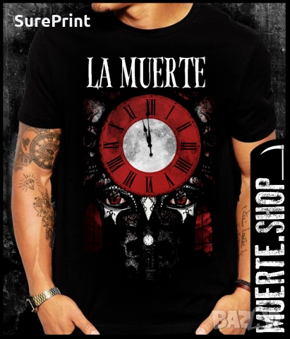 Черна тениска с щампа LA MUERTE RED CLOCK