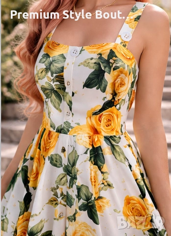 Дамска миди рокля с жълти рози D&G – ретро елегантен флорален модел, снимка 5 - Рокли - 54003815