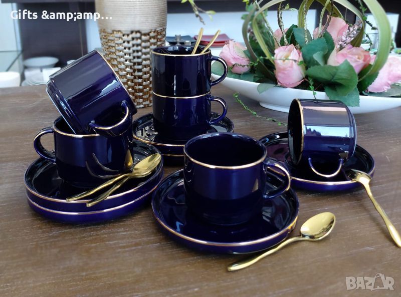 Сервиз за дълго двойно кафе или чай - в тъмно син цвят със златен кант, снимка 1