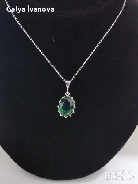 Сребърно колие със Зелен Циркон, снимка 1